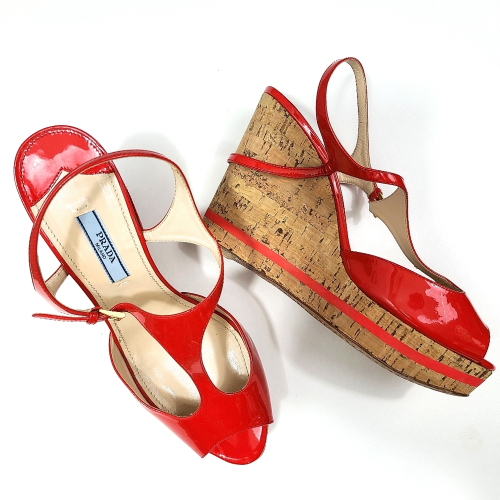 Prada Alaia Red Patent Leather Cork Wedge Heels
